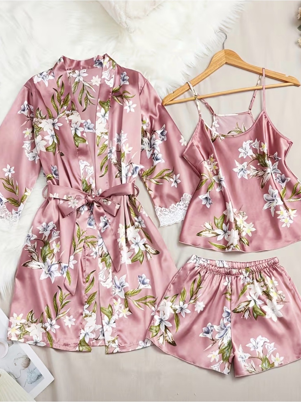 🆕 Floral Satin 3-Piece Sleep Set - Dusty Rose